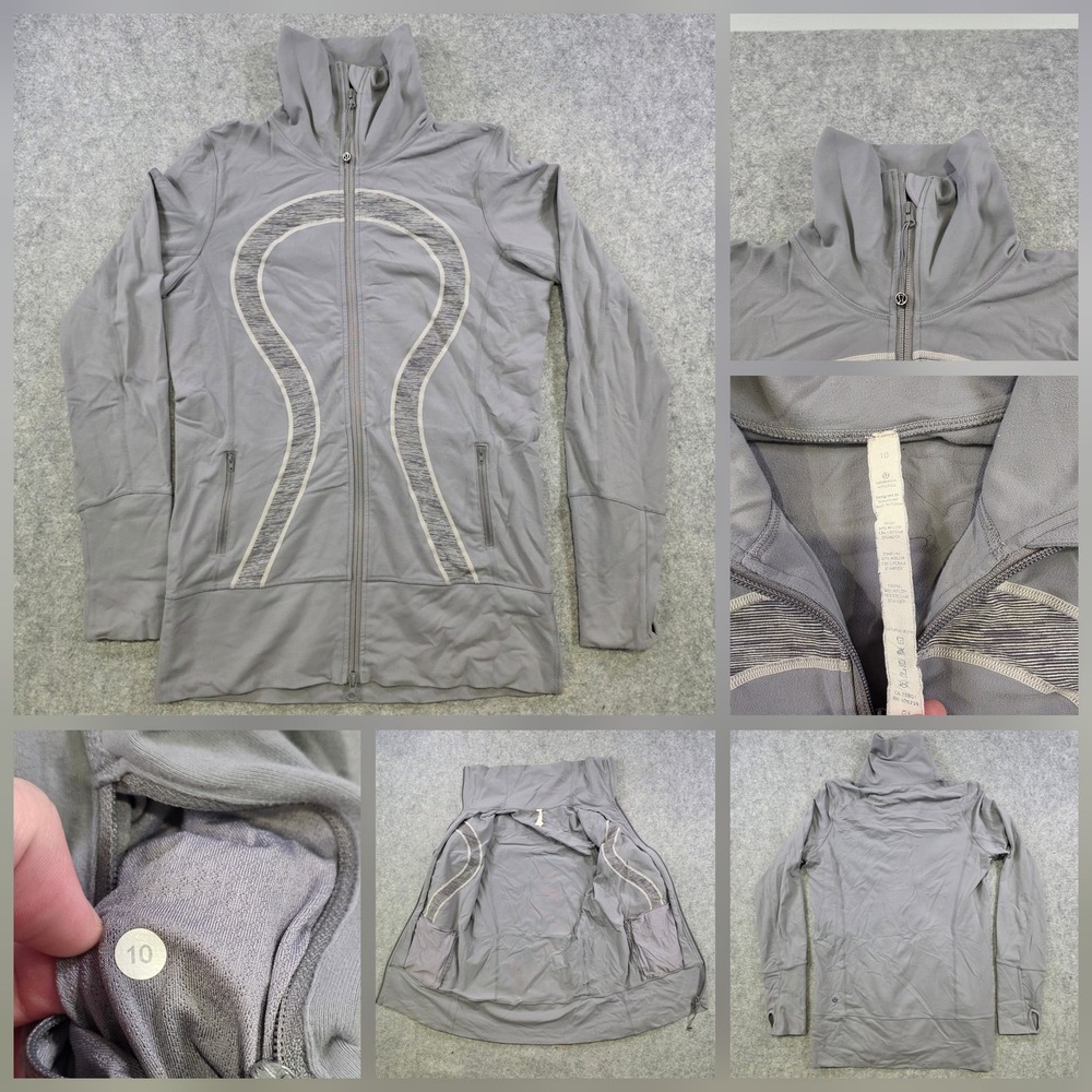 Lululemon In Stride Jacket Womens 10 Gray Full Zip Track Running Yoga Thumbholes